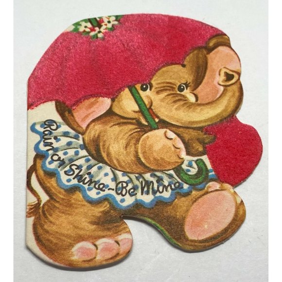 1940s Vintage Valentine Card Elephant with Umbrella Flocked Be Mine 3" Tall - Picture 5 of 5